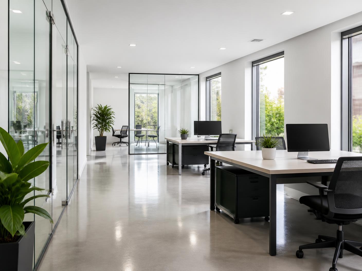 Bright Oklahoma City office with clean glass partitions and tidy desks after a commercial cleaning
